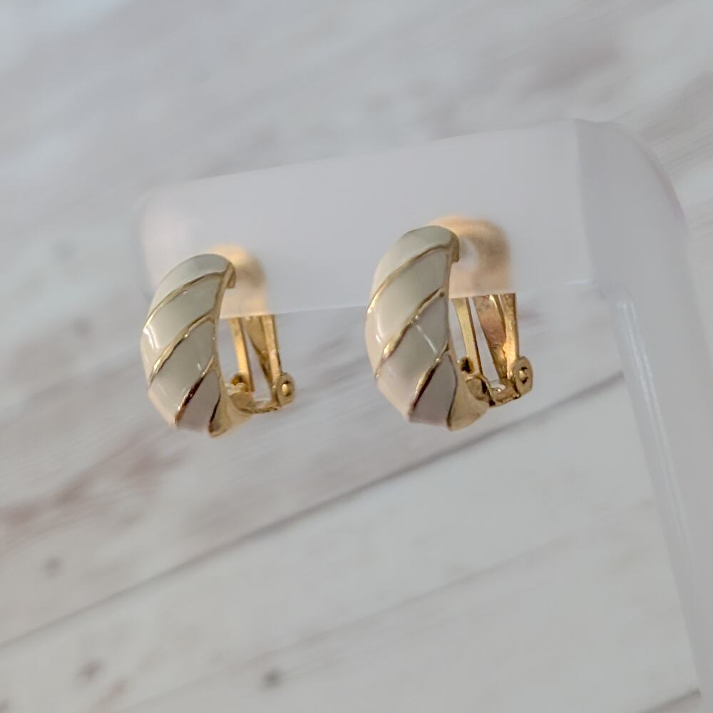 Vintage Clip On Earrings Statement Cream Enamel & Gold Tone Half Hoop